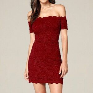NWT NEW Bebe Off Shoulder Scallop Lace Dress CHILI PEPPER RED Size Small